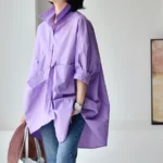 2023-Summer-New-Fashionable-Loose-Seven-point-Sleeves-Lapel-Single-breasted-Women-Shirt-Pure-Color-One.webp